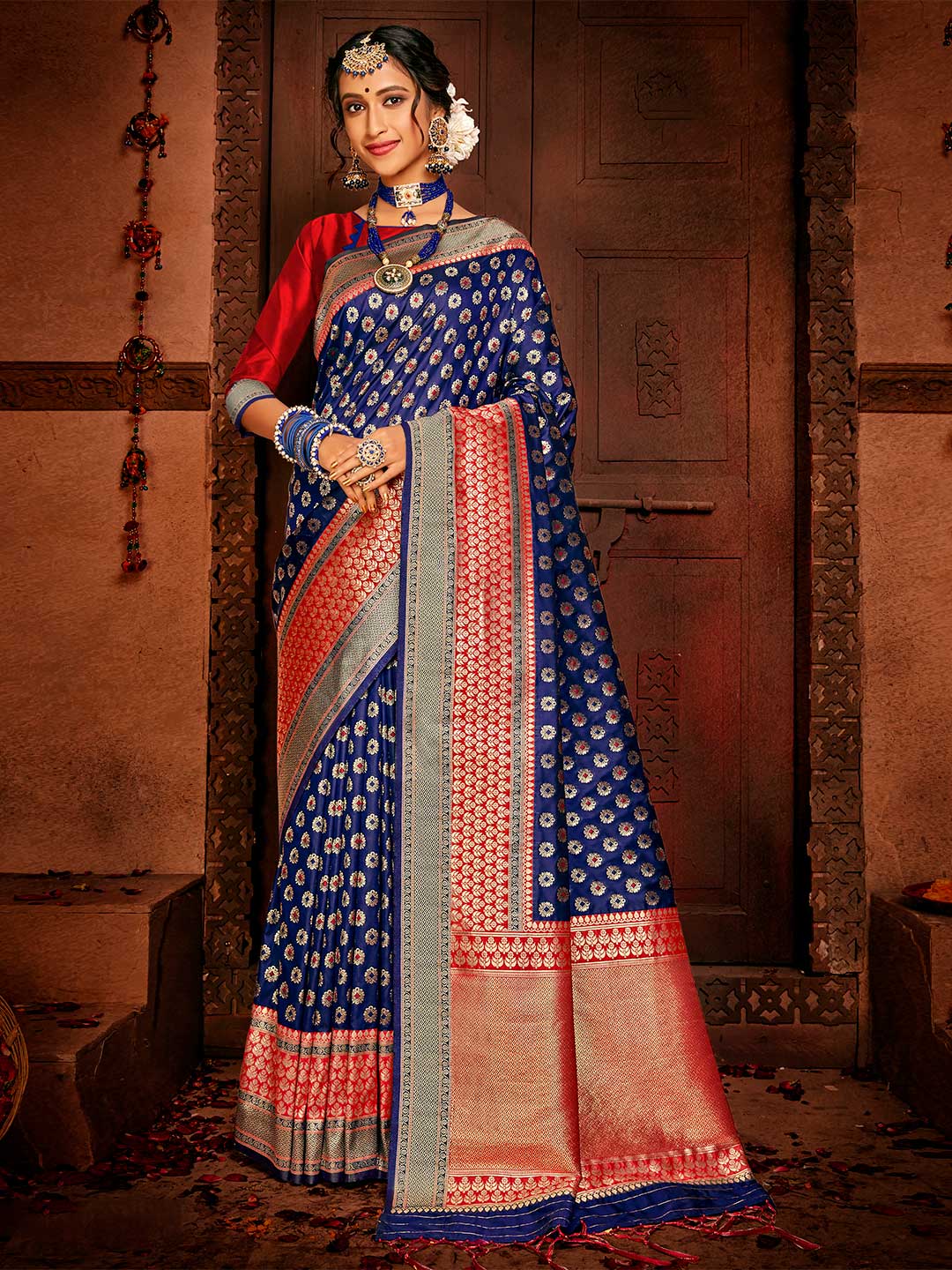 royal blue color  saree fornice color combination weeding wear  saree with red color  blouse Piece saree..