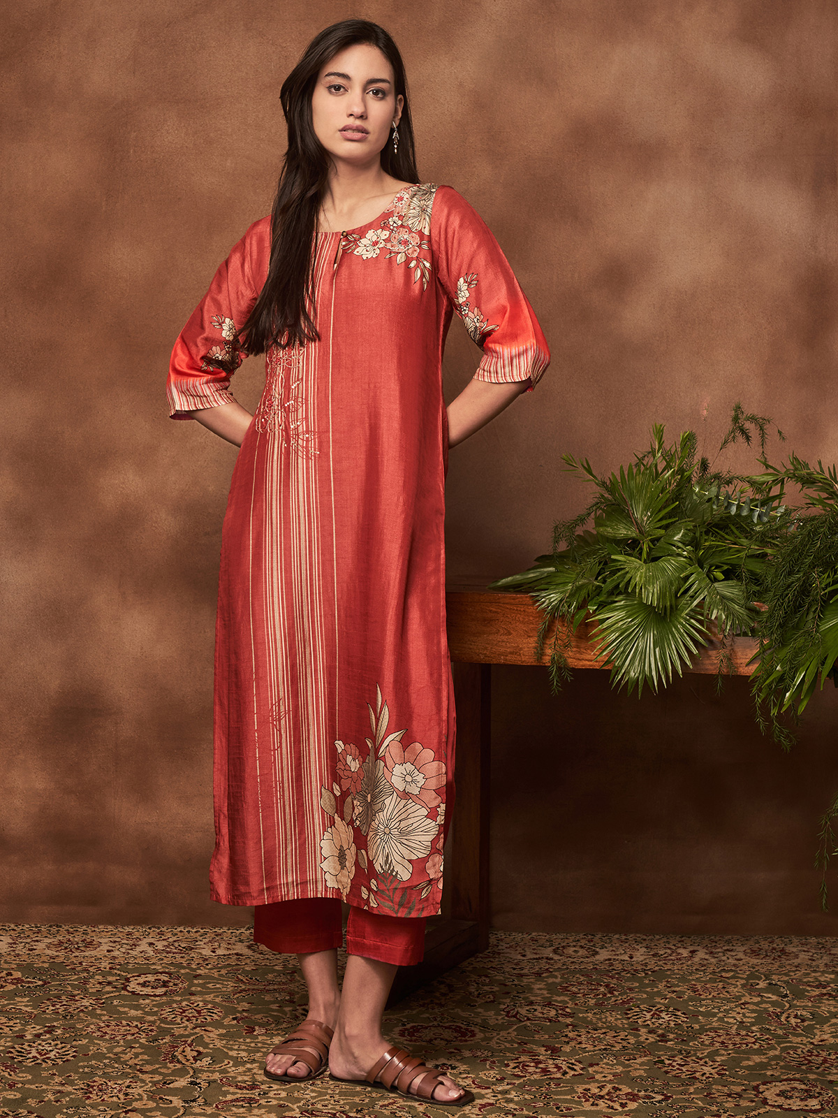 Buy Rust Embroidered Silk Straight Kurta Online at Rs.703 | Libas
