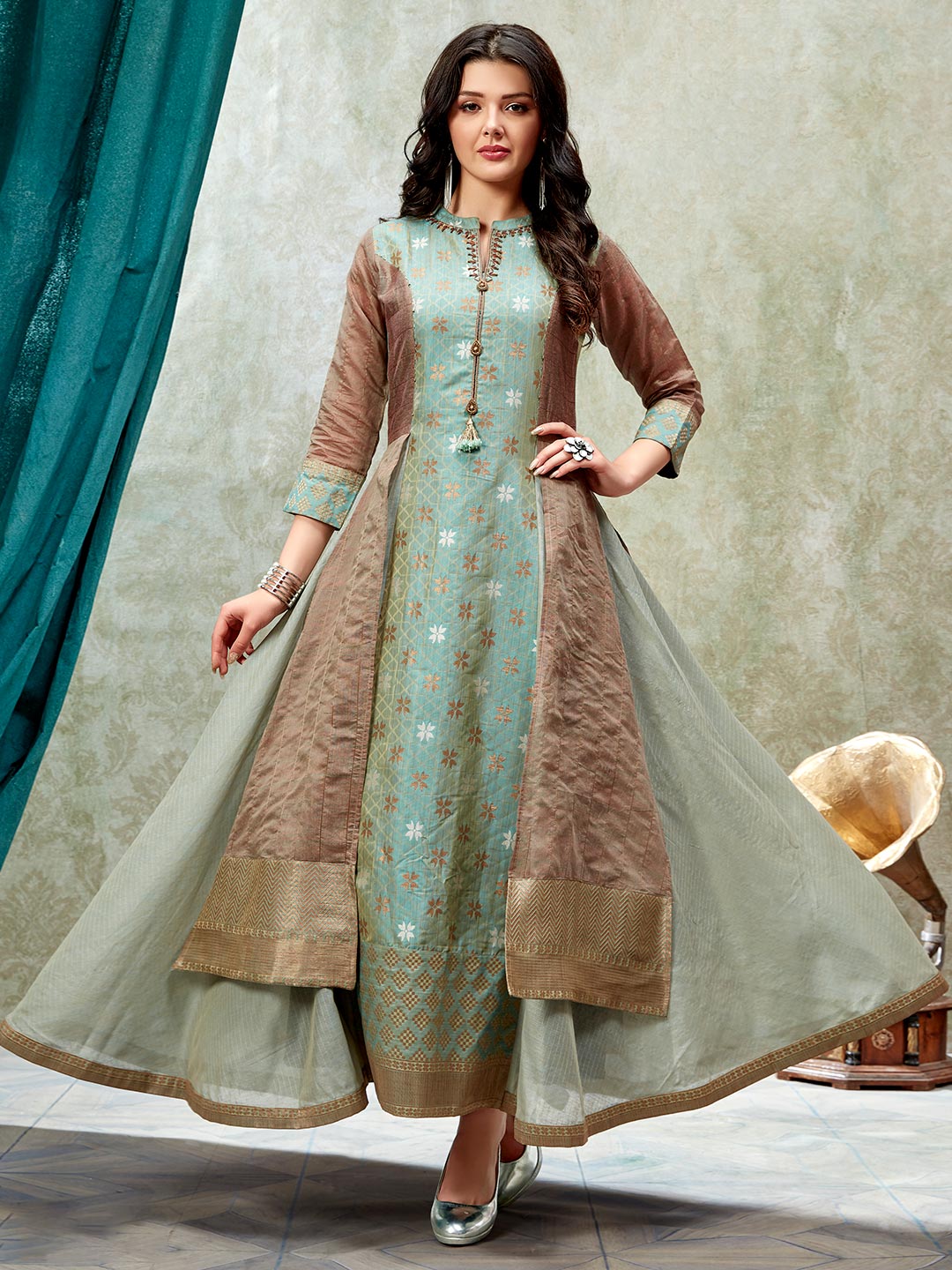 green silk anarkali