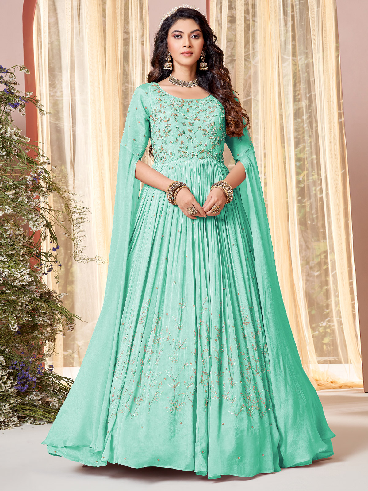 Elegant Sea Green Silk Festive Anarkali Suit G3 WSS36643 G3nxt