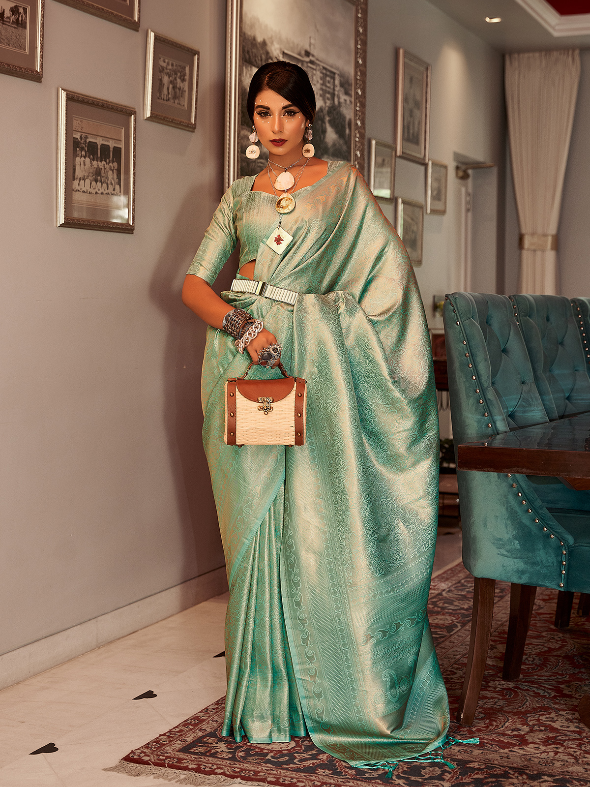 Shimmer Georgette Mint Green Sequinned Saree With Blouse