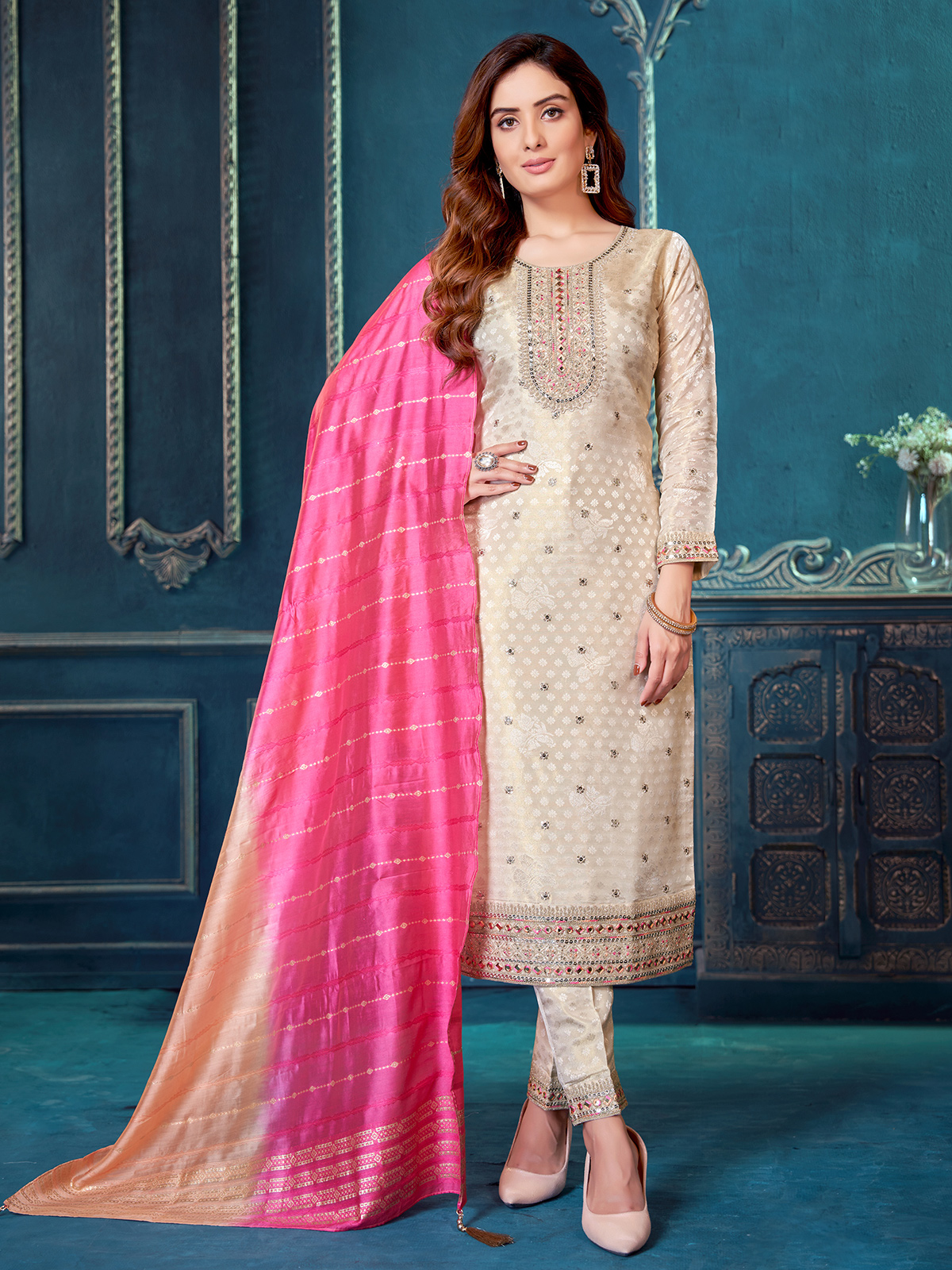 Buy Carrot pink Georgette Trouser Suit With Dupatta Online - 1774 | Andaaz  Fashion