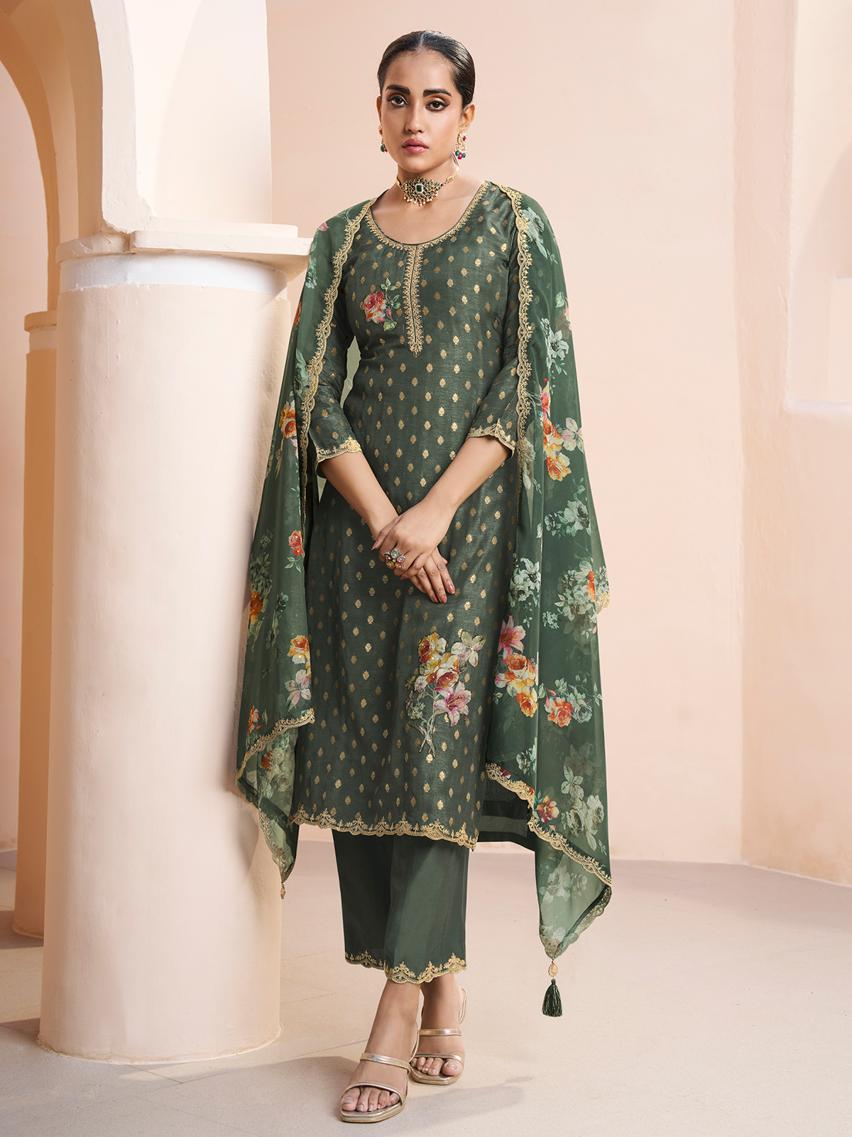Dark Green Velvet Embroidered Designer Salwar Kameez Online FABANZA
