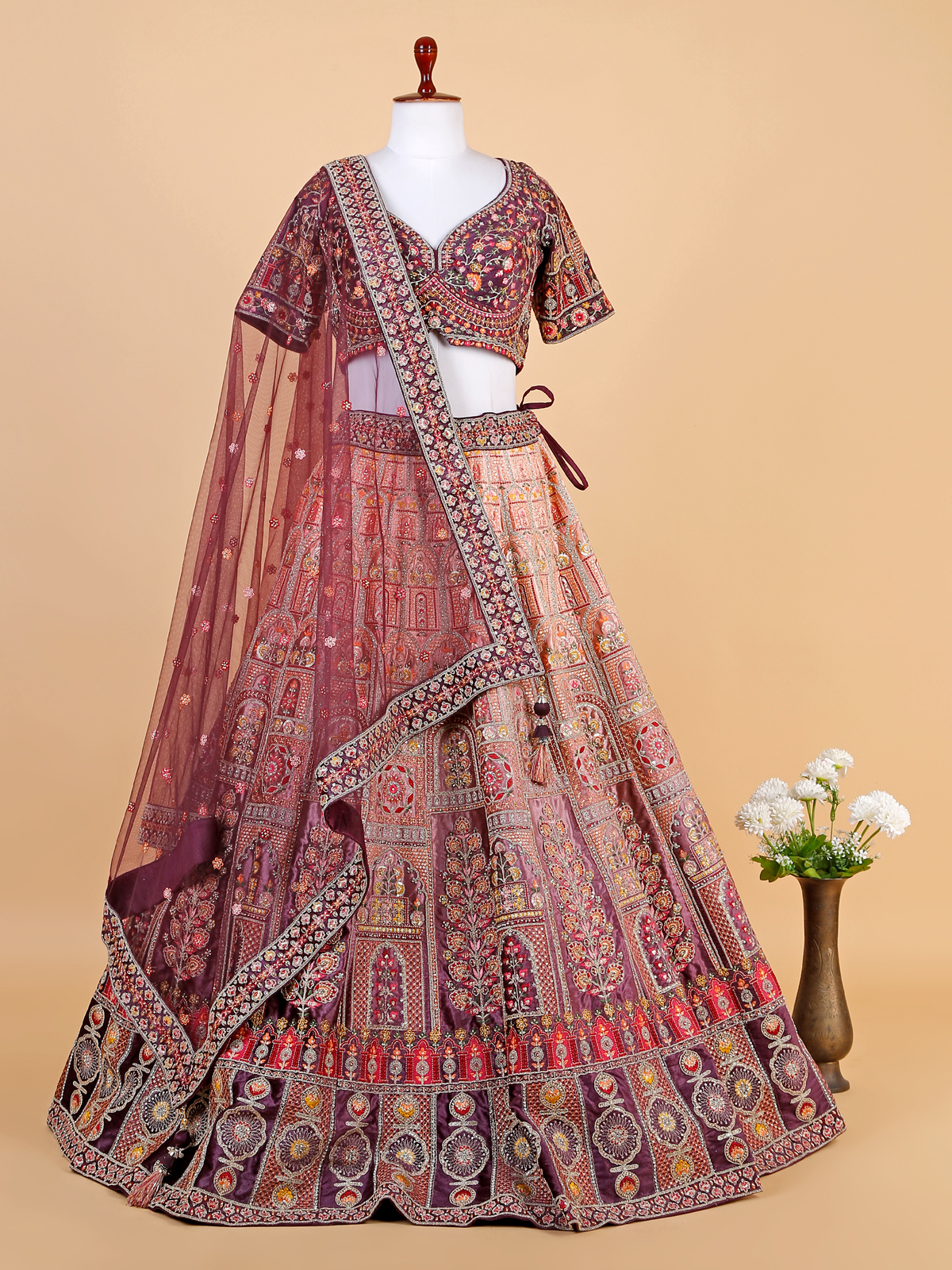 Peach & Wine Velvet Handwork Wedding-Wear Bridal Lehenga Choli With Double  Dupatta @Indian Couture