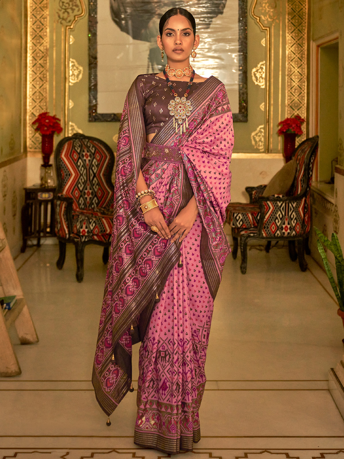 Silk pink printed saree for wedding G3 WSA53389 G3fashion