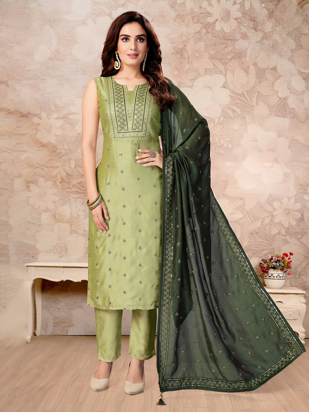 Silk salwar suit with contrast dupatta in olive G3 WSS40284 G3fashion