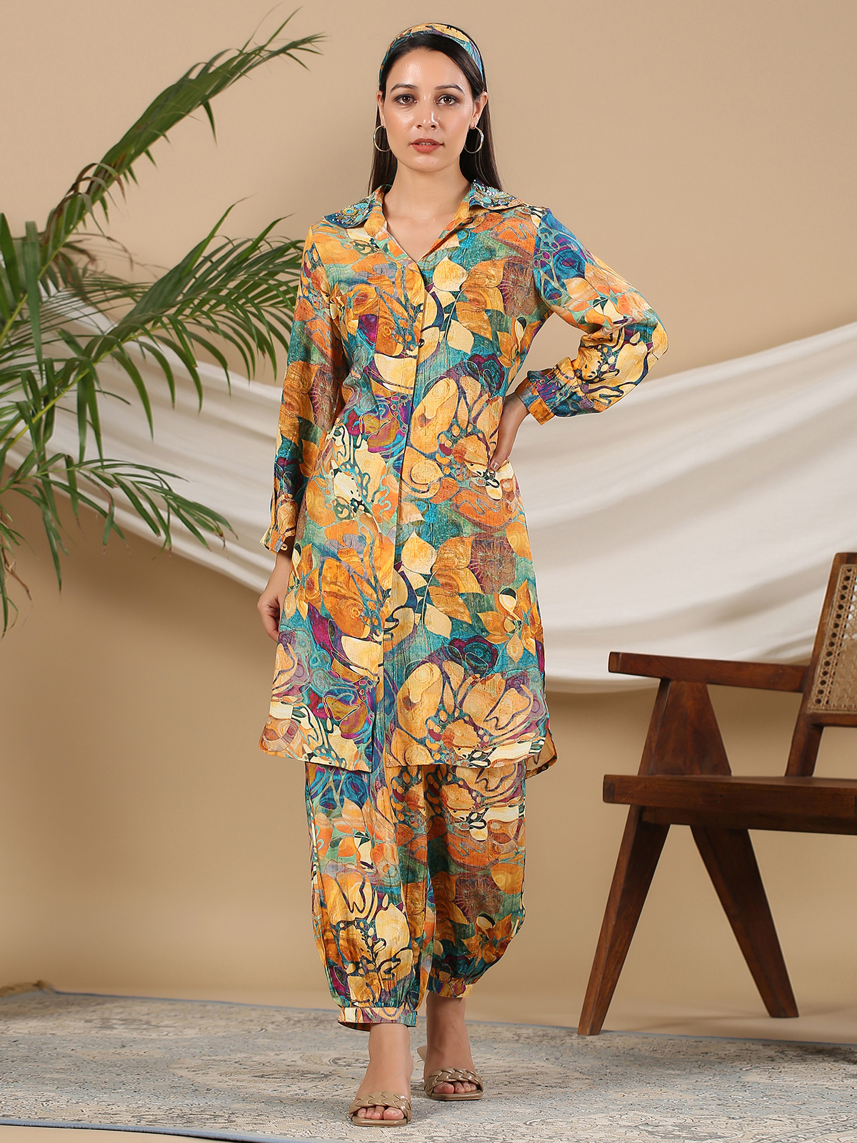 Silk yellow printed casual co ord set - G3-WCS15202