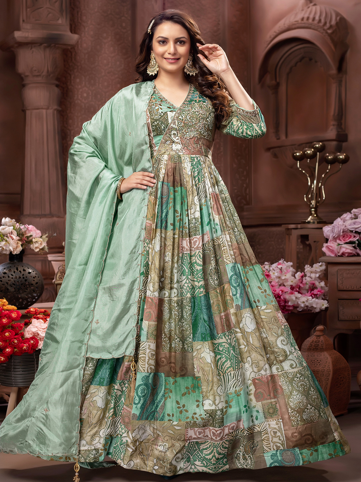 Olive Green Modal Silk Zari & Thread Embellished Anarkali Set Design by  Label Varsha at Pernia's Pop Up Shop 2024