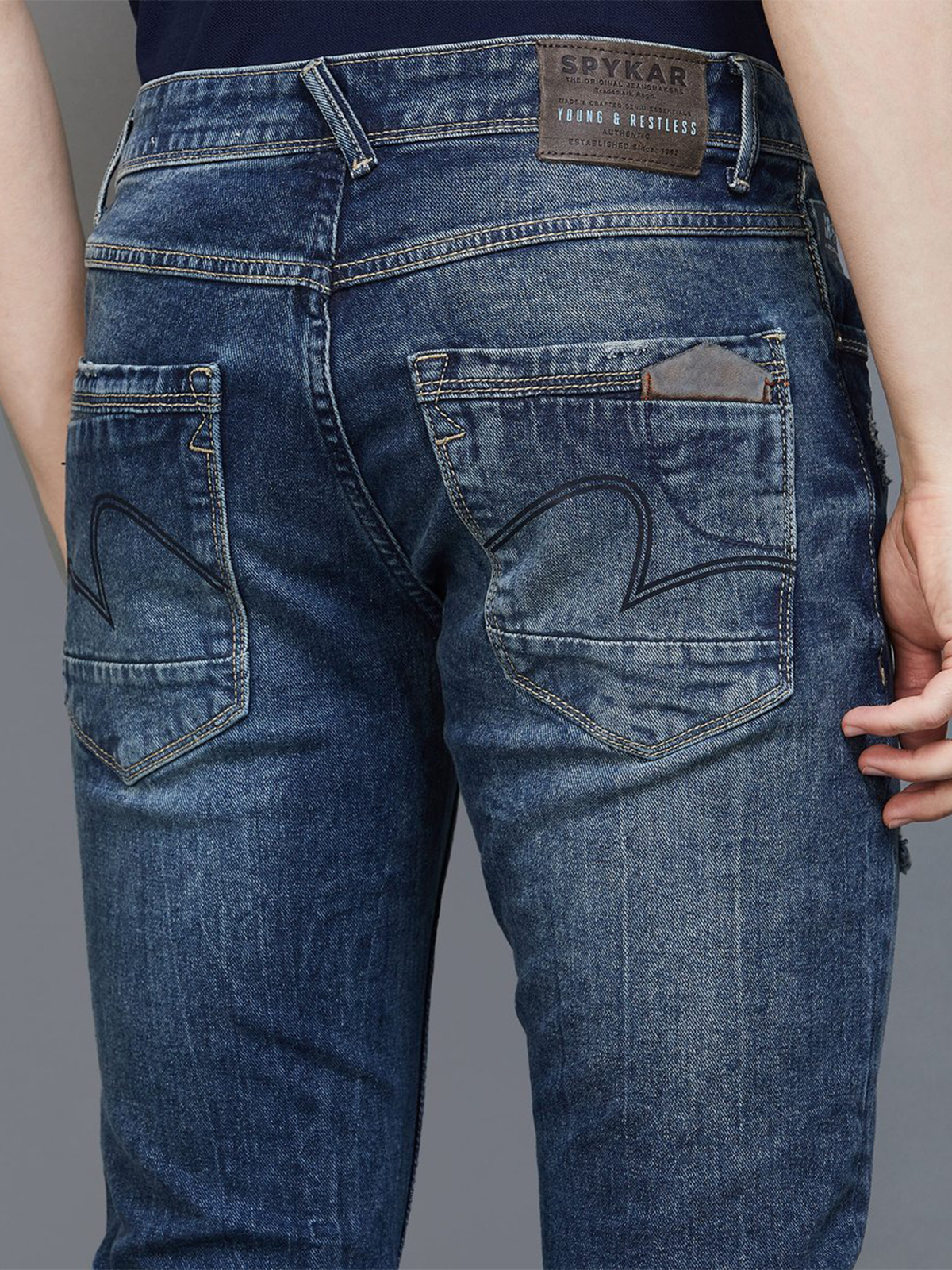 Spykar navy washed ripped slim fit jeans G3 MJE4456 G3fashion