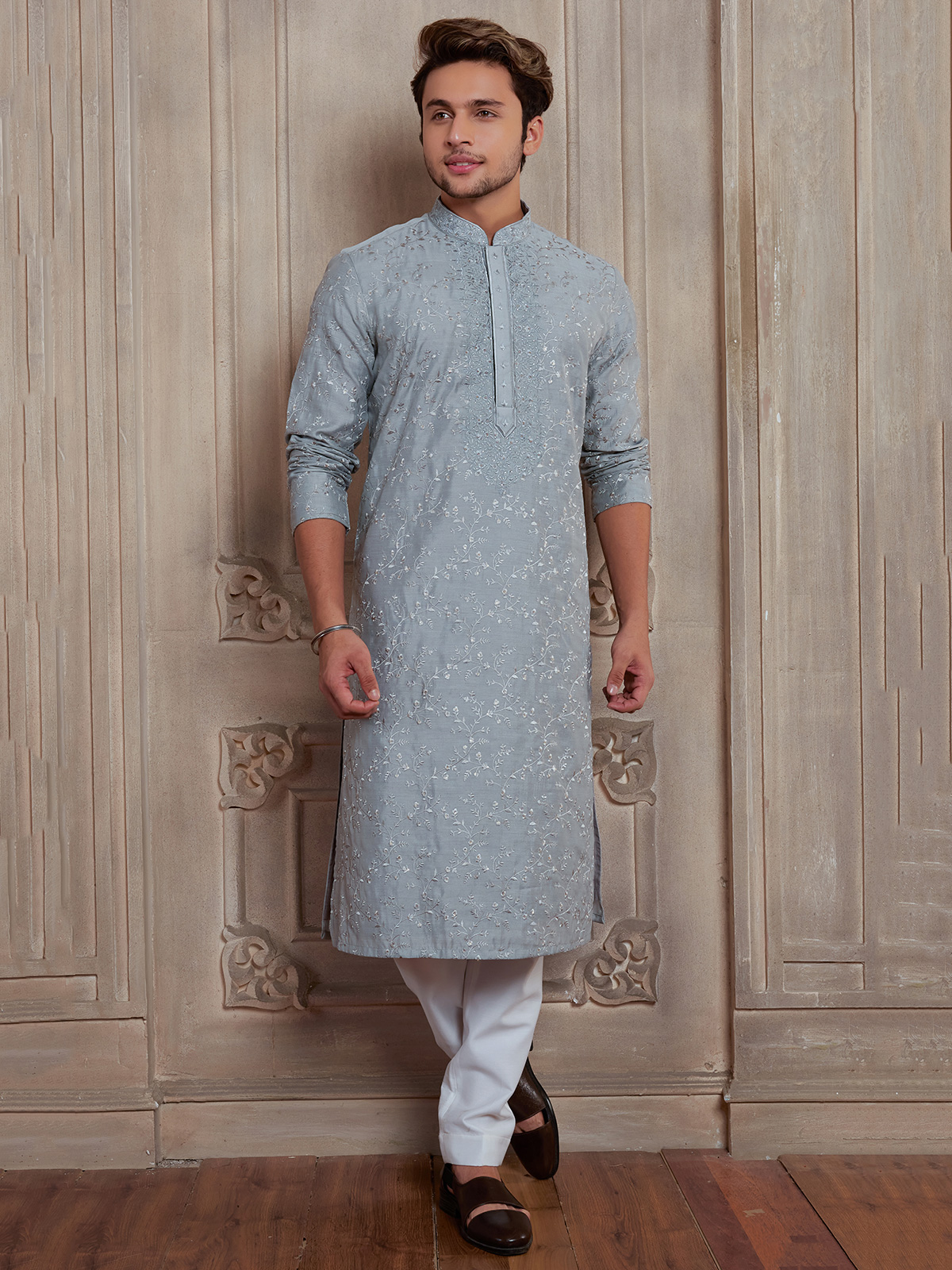 Light grey chic kurta suit in raw silk G3 MKS4291 G3fashion