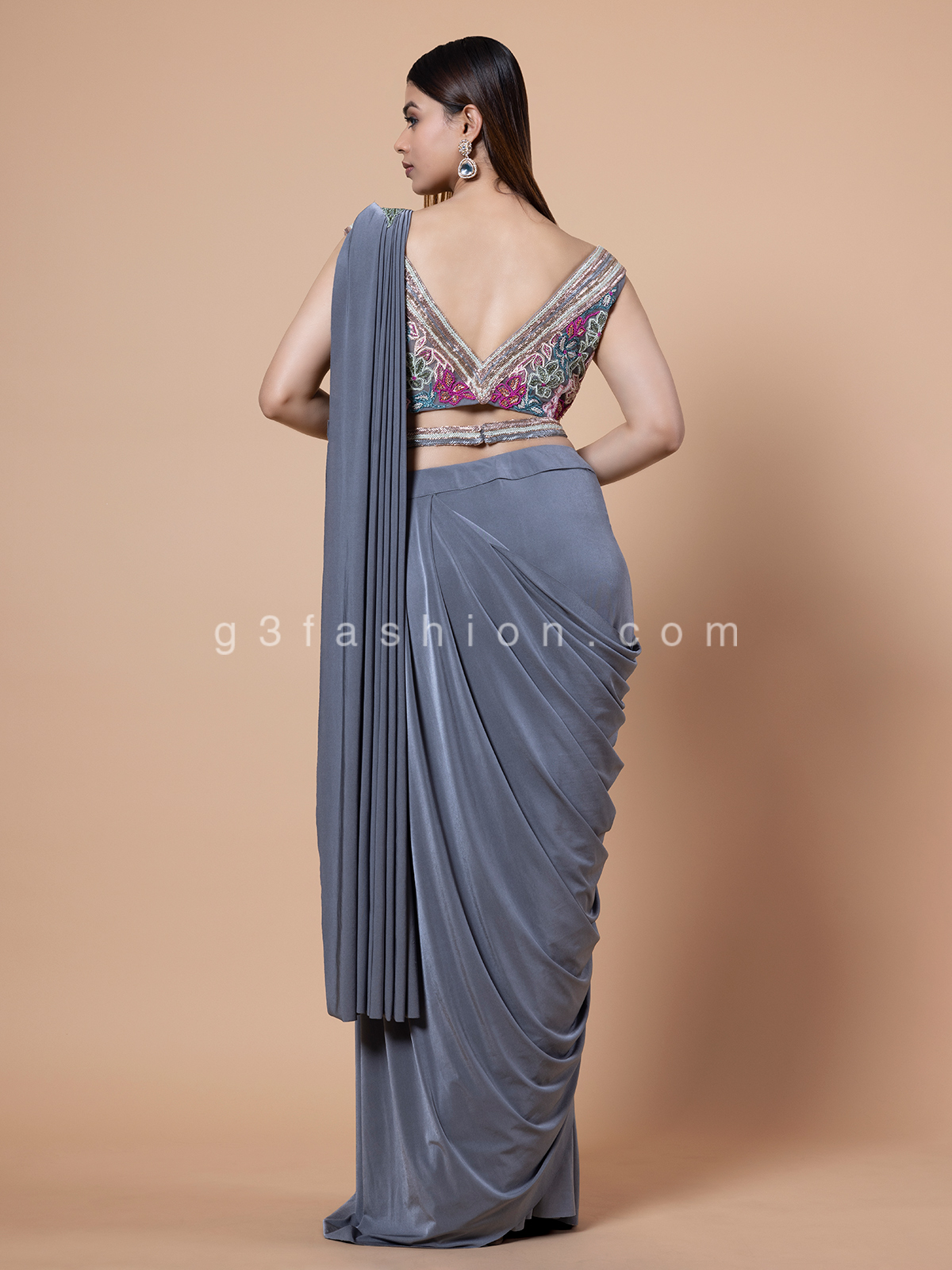 Grey dual Shade Ready-made Lycra saree with attractive waist belt