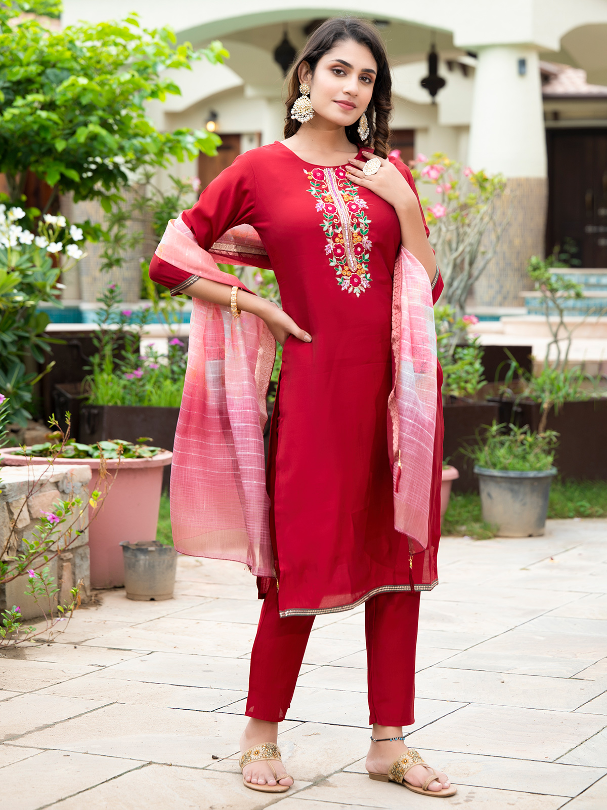 Women Embroidered Bandhani Naira Cut Kurta Pant and Dupatta Set, Kurta and Kurti  Sets, Red Women… | by ratan crafts | Medium