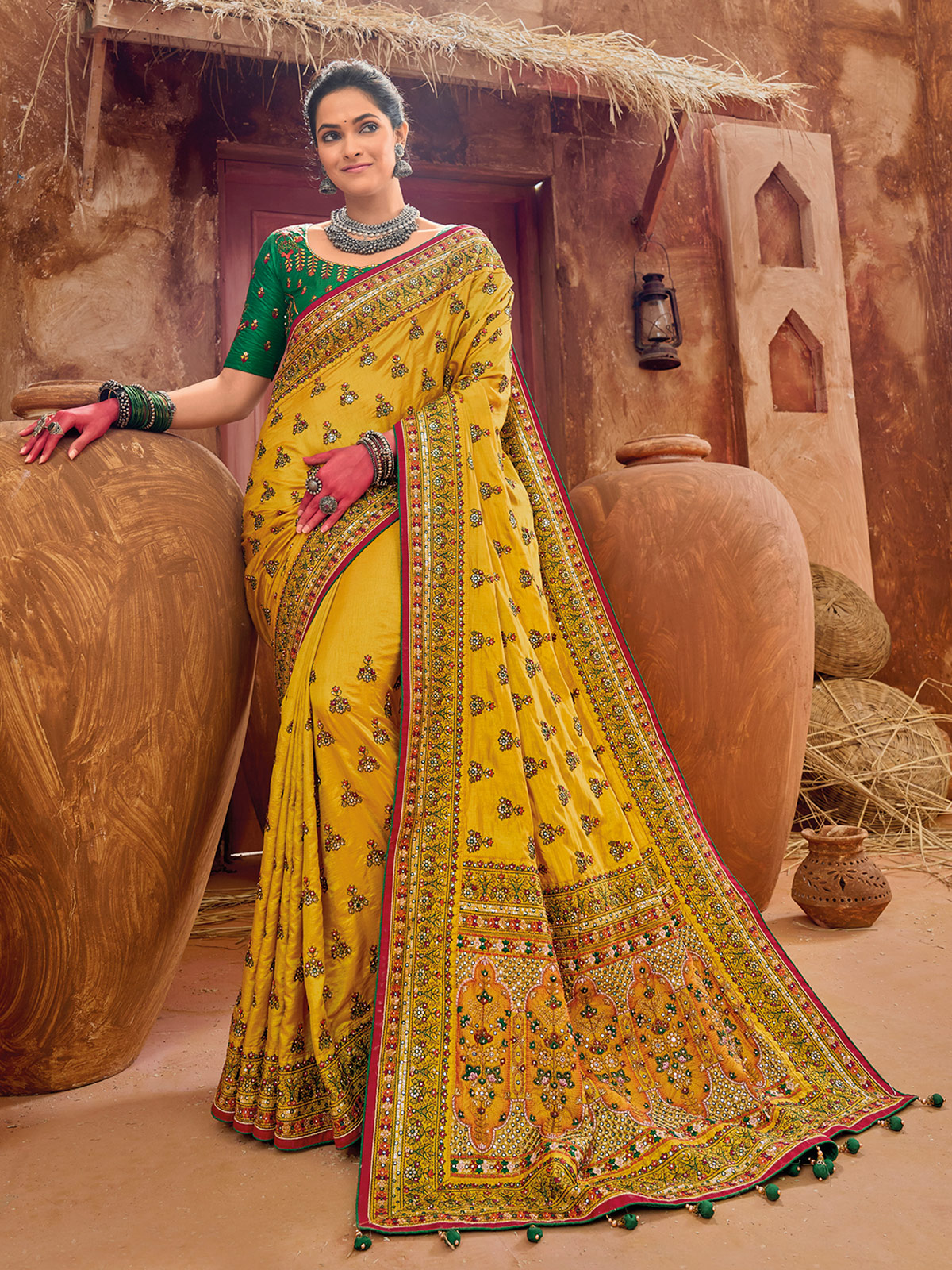 Empire Yellow Satin Saree With Embroidery Border | Singhania's