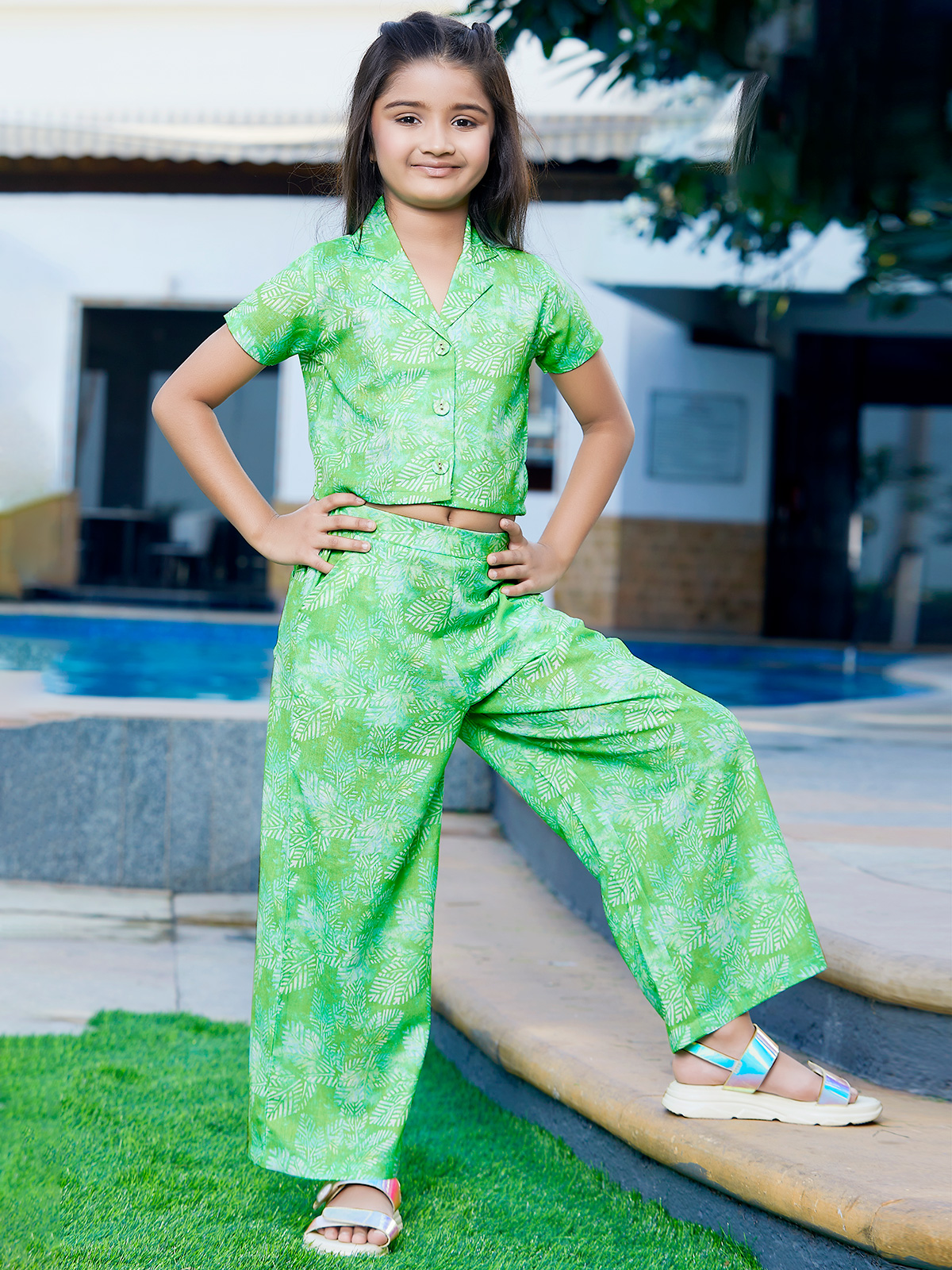 Green printed jacket style co ord set - G3-GCC83