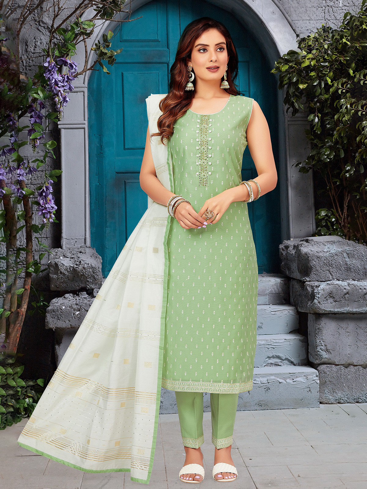 Buy Grey Banarasi Silk Salwar Suit (NWS-6382) Online
