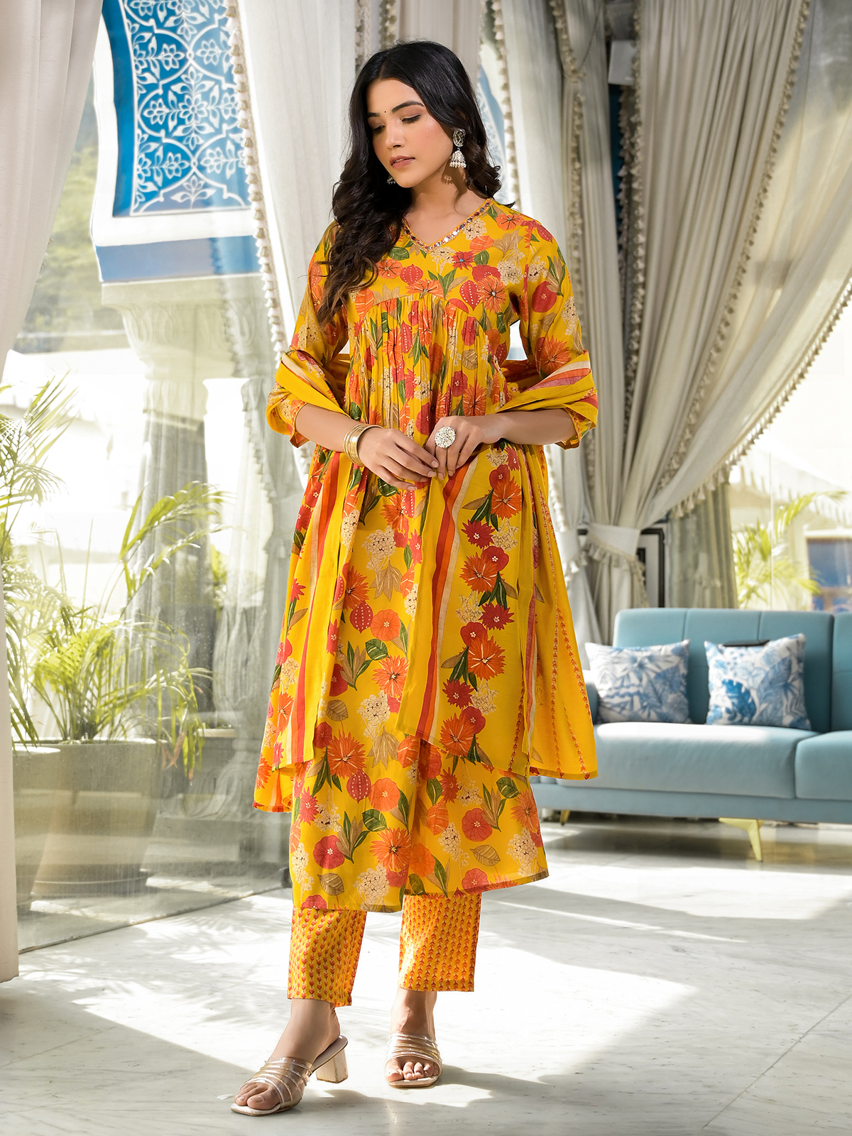 fcity.in - Embroidery And Mirror Work Mustard Yellow Stylish Kurti With  Patiala