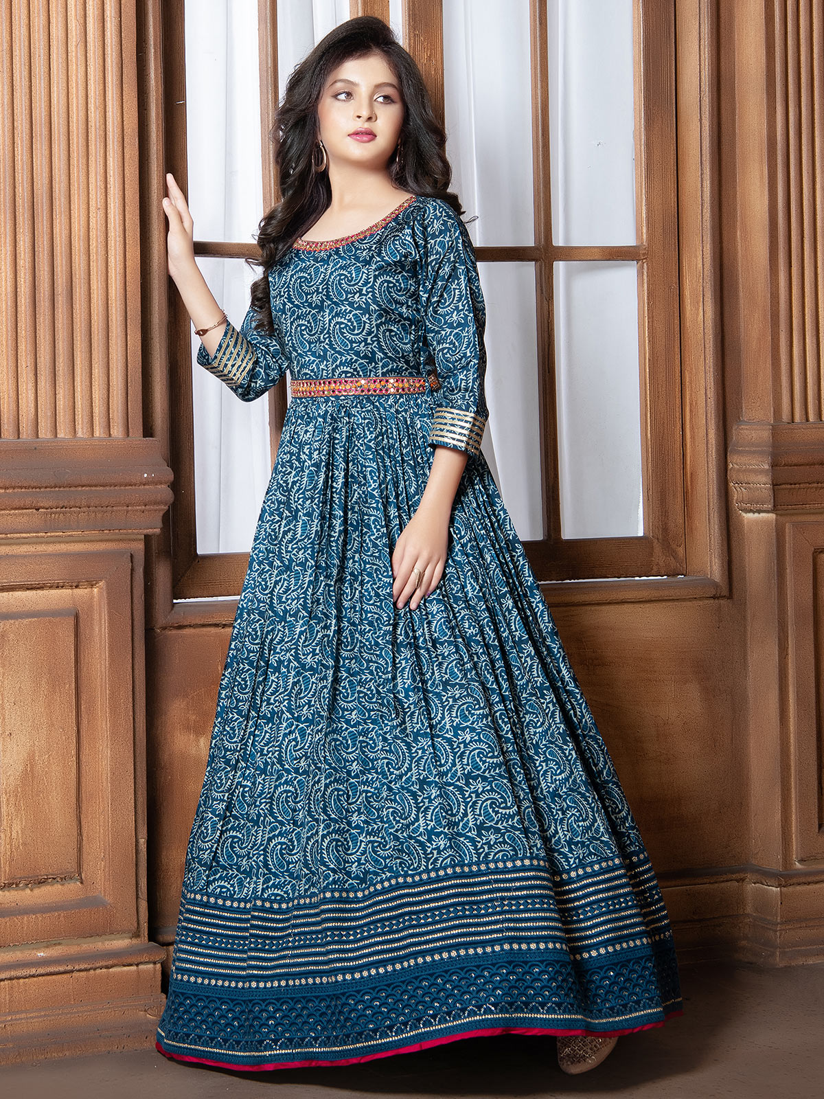 Digital Printed Cotton Gown in Teal Green : TPA2038
