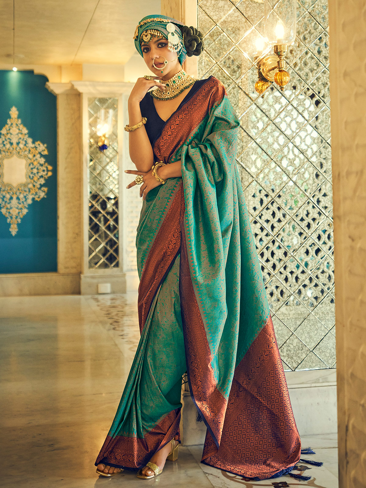 Teal blue silk trendy saree for wedding - G3-WSA52748 