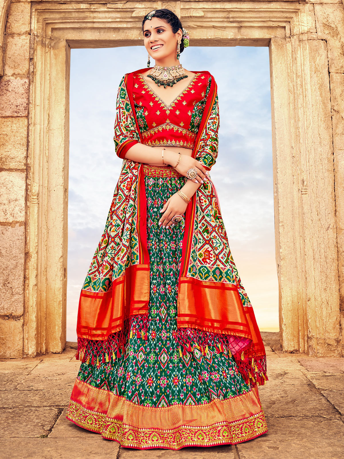 Fiery red Premium Silk Designer Bridal Lehenga Choli Online FABANZA