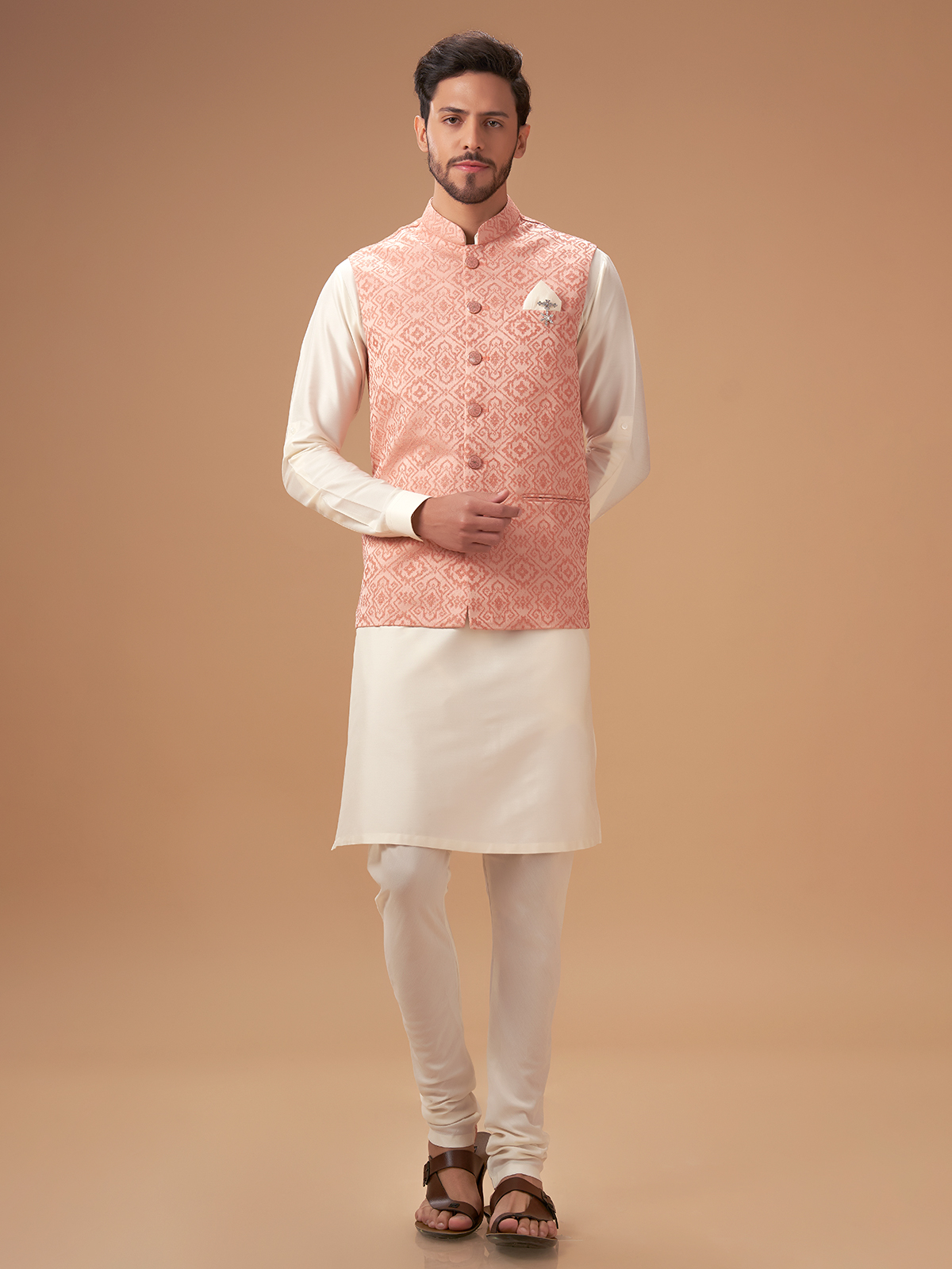 Trendy peach texture waistcoat set in silk G3 MWCS1107 G3fashion