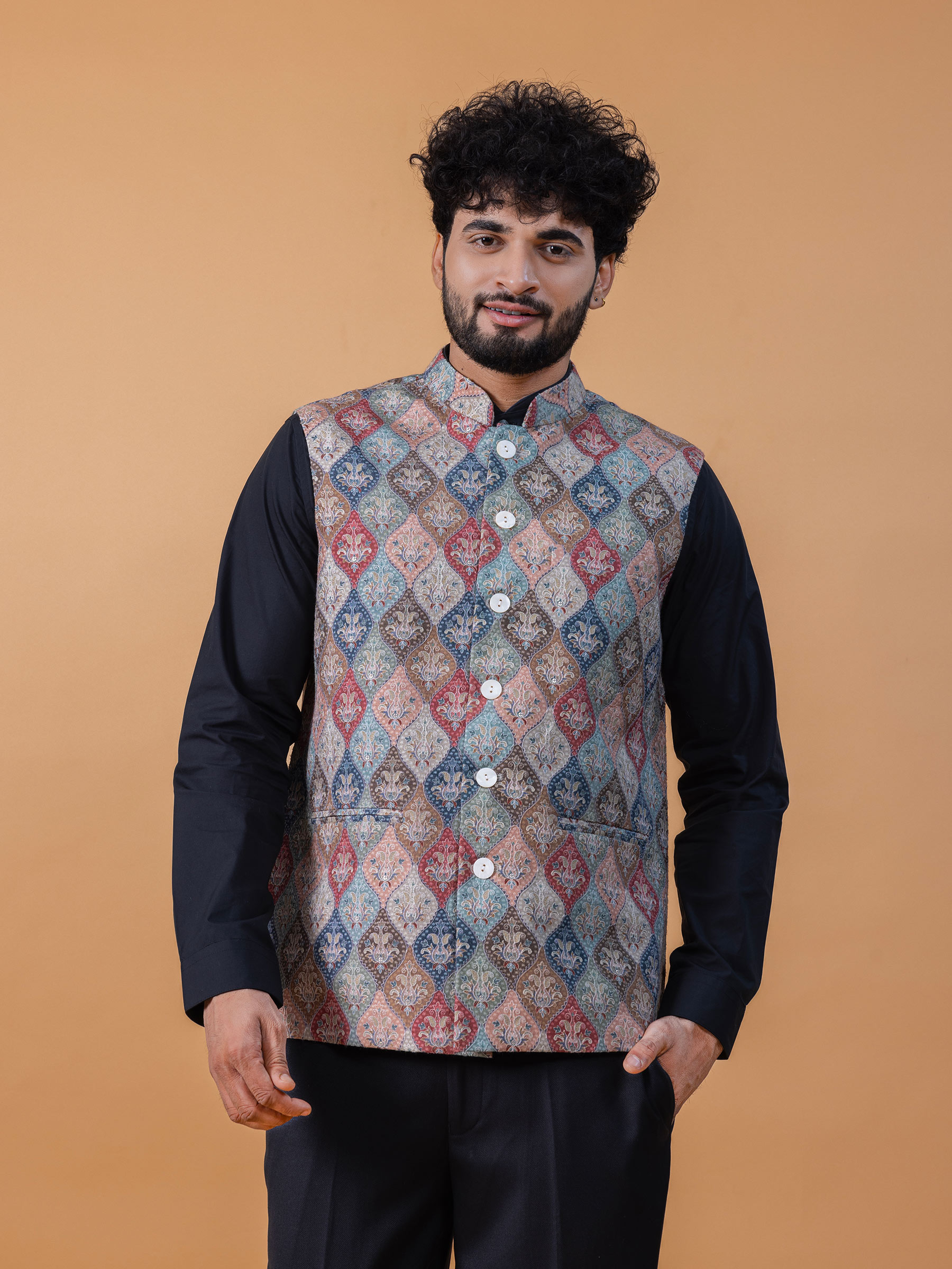 Trendy silk multi color printed waistcoat G3 MWC2496 G3nxt