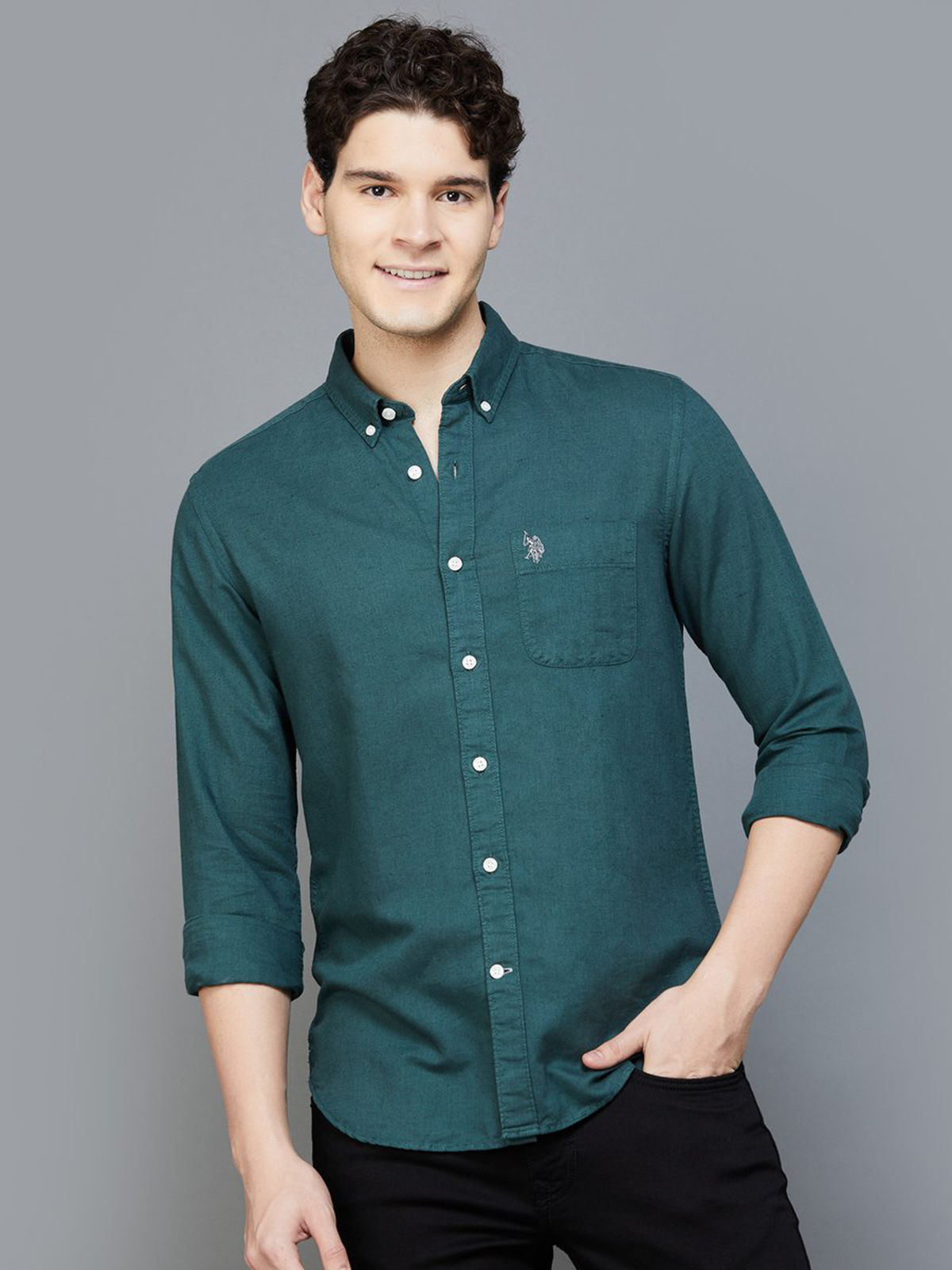 U S POLO ASSN bottle green linen cotton shirt - G3-MCS11831