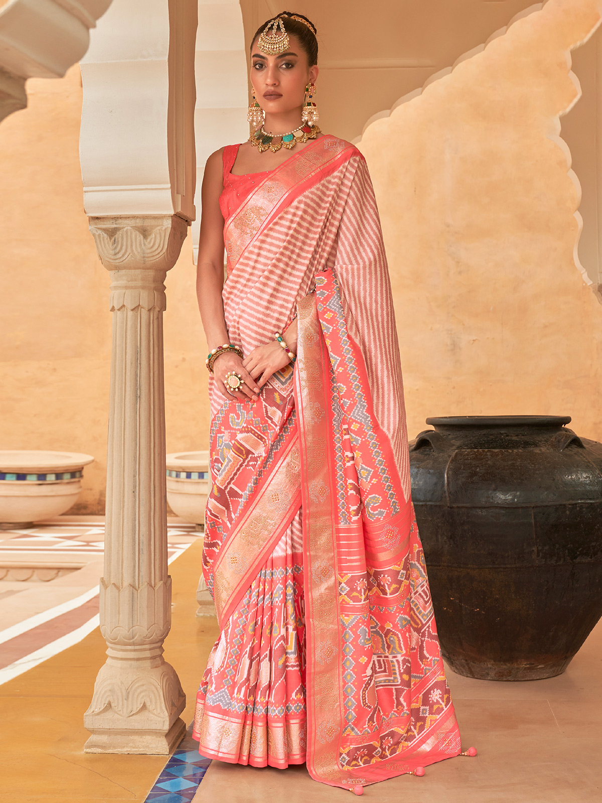 Buy Coral Pink Chiffon Saree With Swarovski Stone Embellishments And Zari  Border