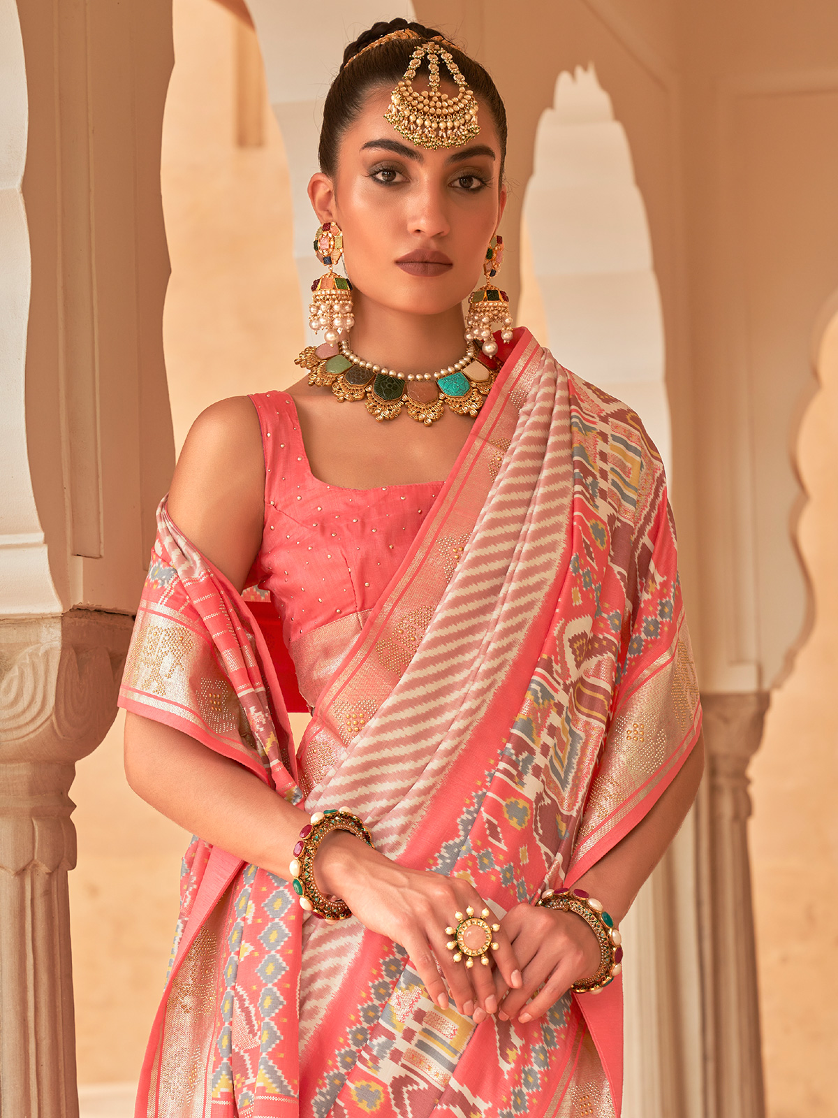 Foil Printed Art Silk Saree in Coral Pink : SEW13130