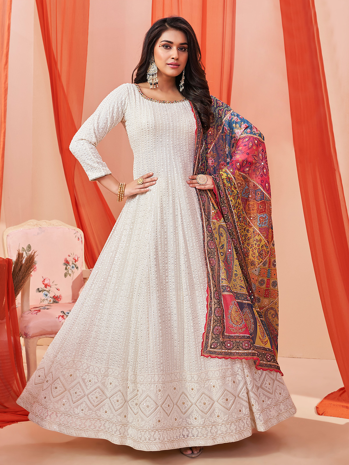 SCAKHI Women Off White Printed & Embroidered Dobby Ethnic Dress with Dupatta  - Absolutely Desi