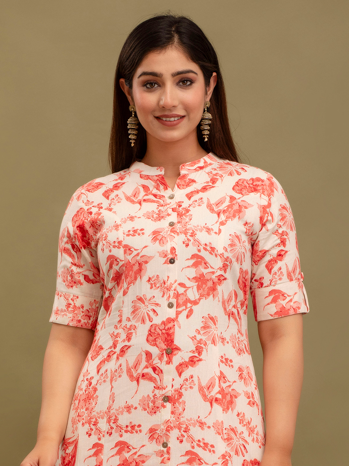 Off white color cotton blend kurti with floral print and moti work