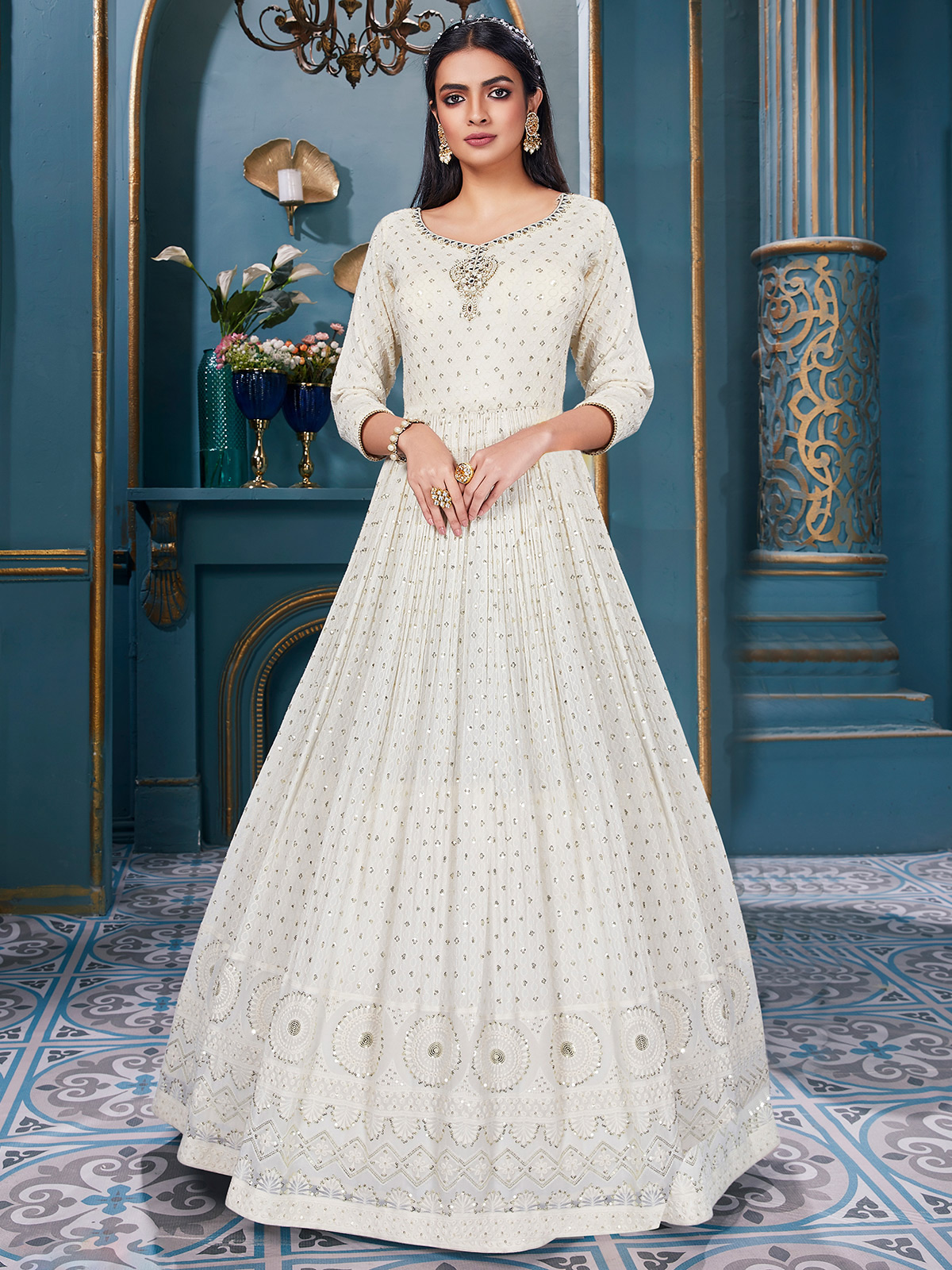 Buy White Banglori Silk Anarkali Churidar Suit Online - DMV14631