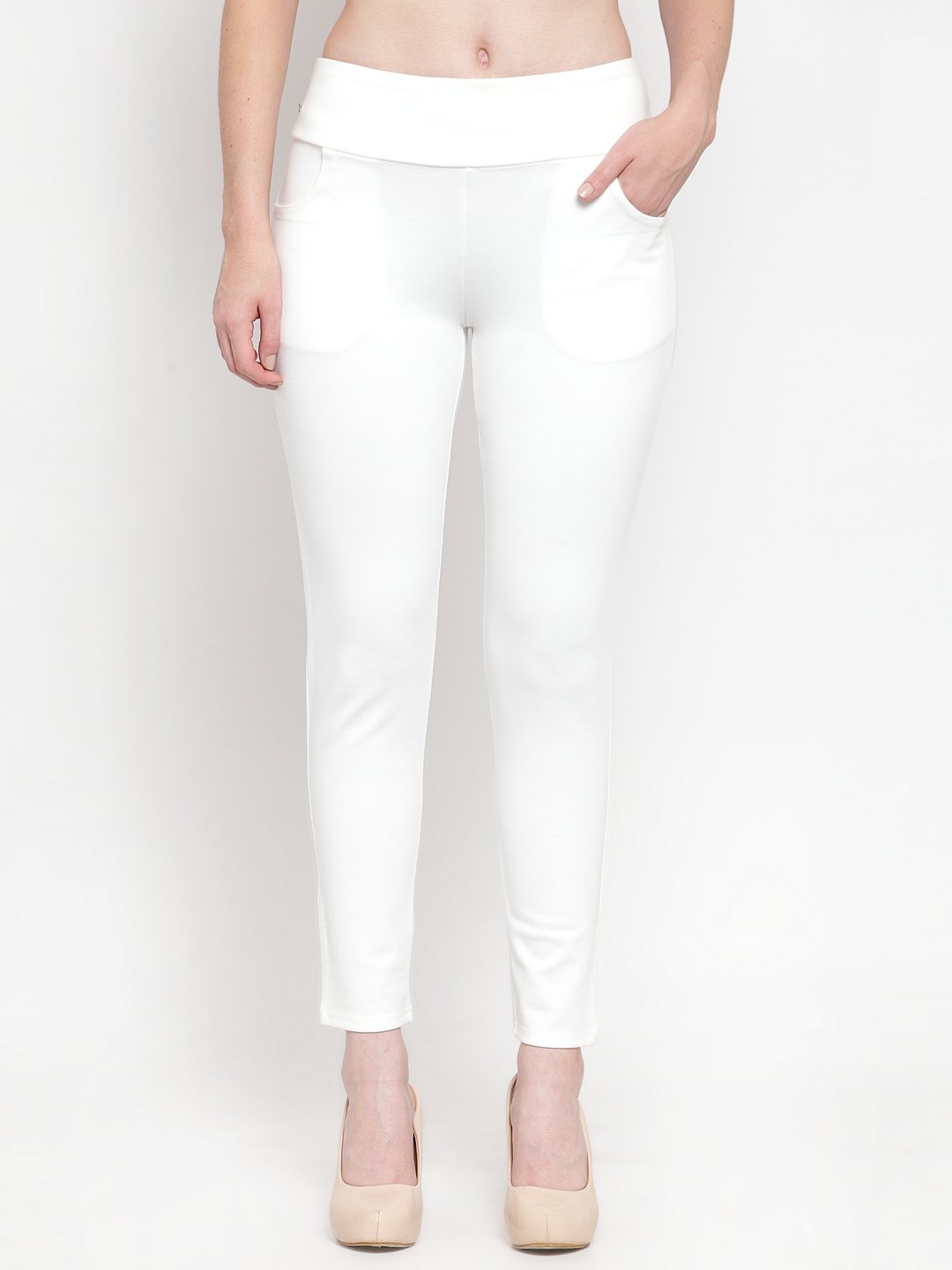 White soid cotton skinny fit jeggings - G3-WJJ0329