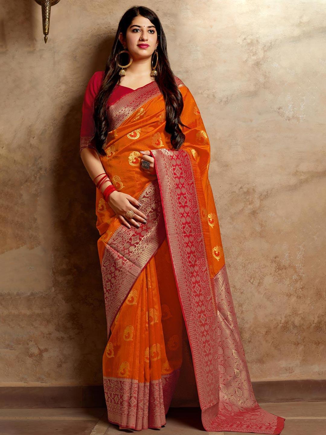 orange bridal silk saree