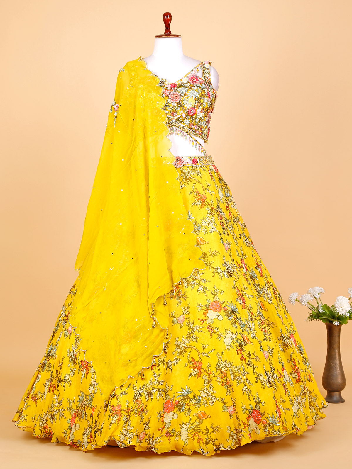 Buy Mustard Yellow Floral Printed Georgette Lehenga And Silk Blouse Set  KALKI Fashion India