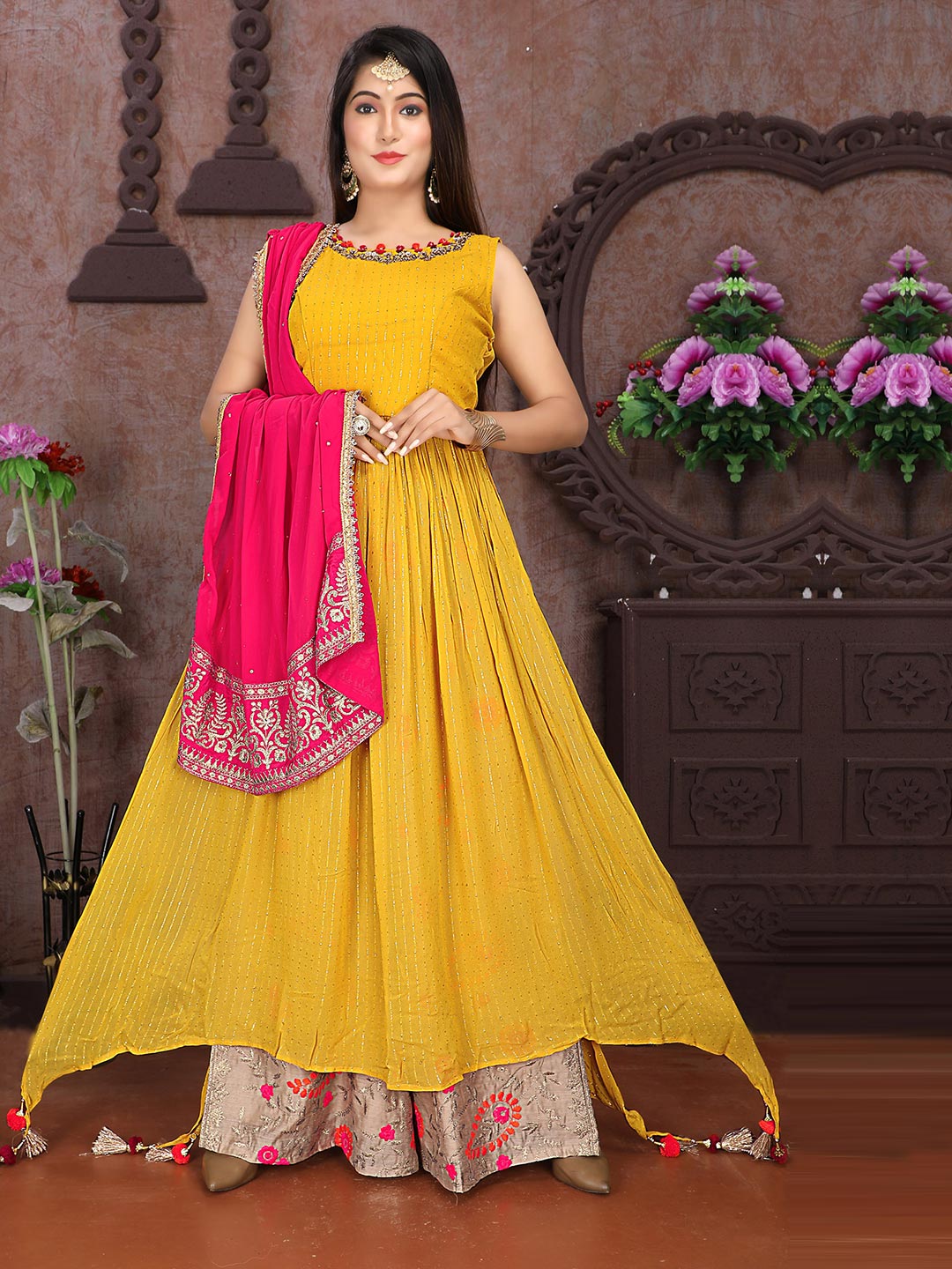 yellow and pink anarkali